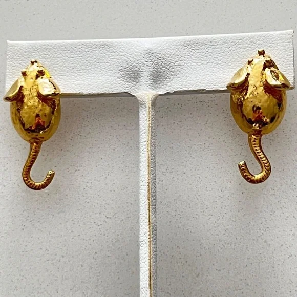 NWT Vintage 70s Mimi Di N Signed Mice Statement Earrings Gold